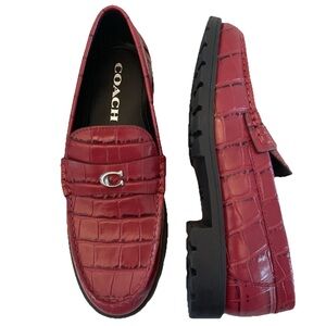 NEW COACH Jocelyn Embossed Croc Dark Ruby Red Lug Loafer Size 5.5